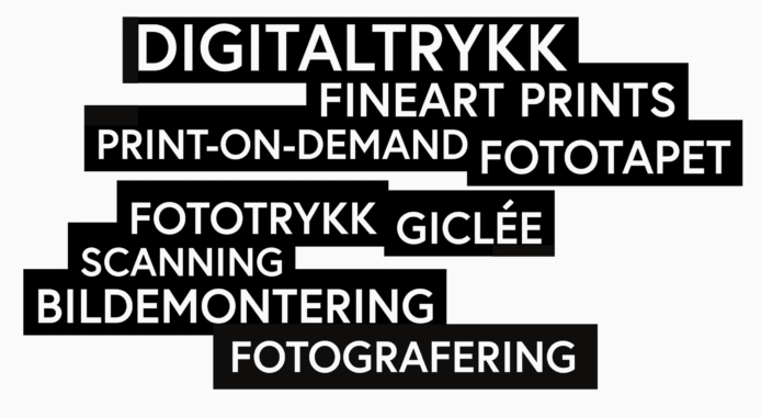 Typographic graphics with text that lists PIGS services: digital printing, fineart prints, print-on-demand, photo wallpaper, photo printing, giclée, scanning, photo mounting and photography