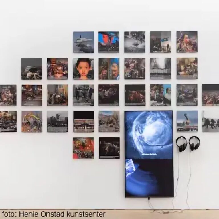 Gallery installation with giclée print and video monitor on white wall - PIGS Digitaltrykk special assignment